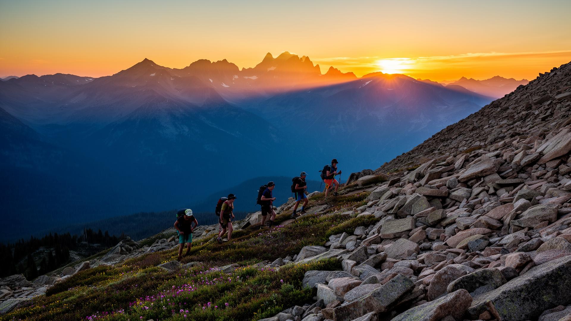 Climbers on an alpine ridge at sunrise